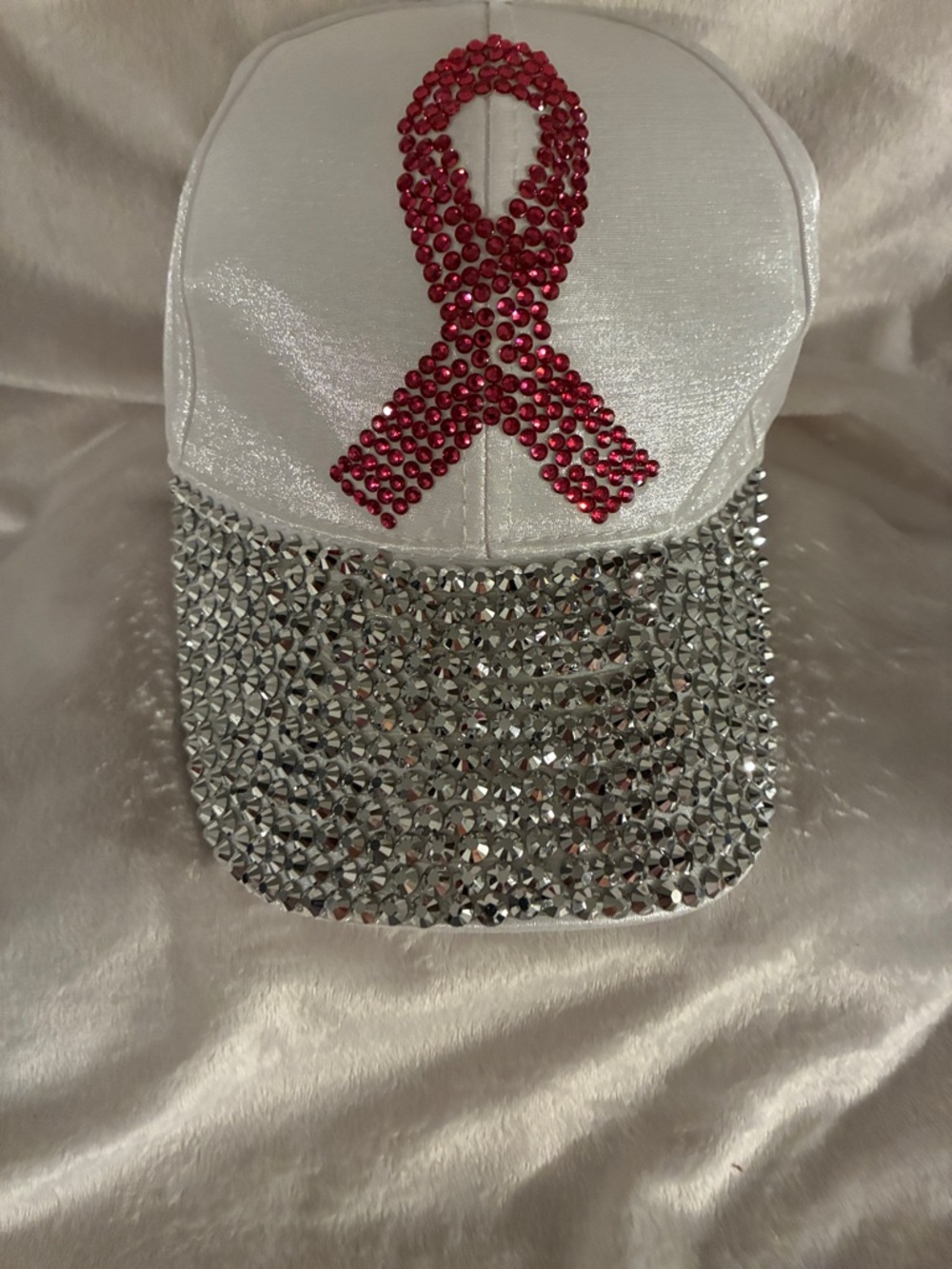 Embellished White Cap with Pink Ribbon and Silver Crystal Brim. NWOT